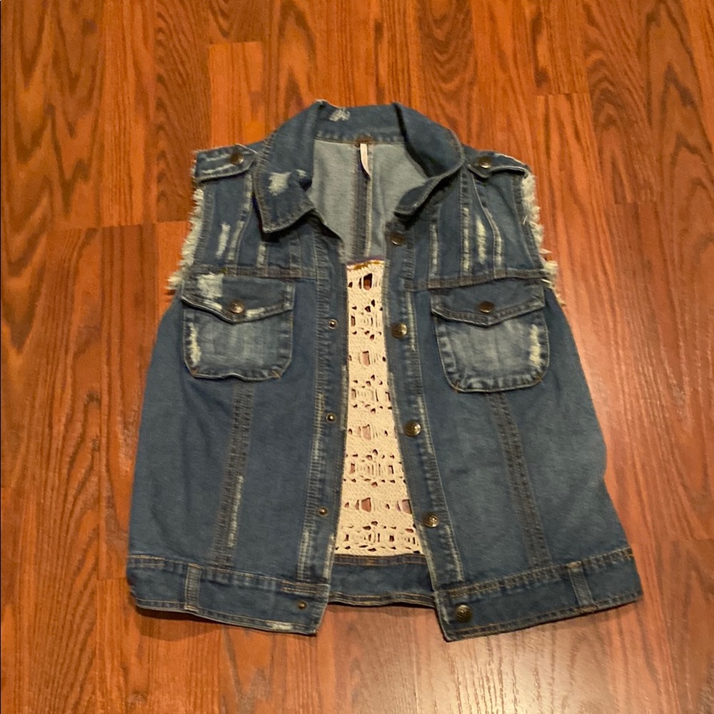 Free People Denim Vest with Crochet Back. Size M